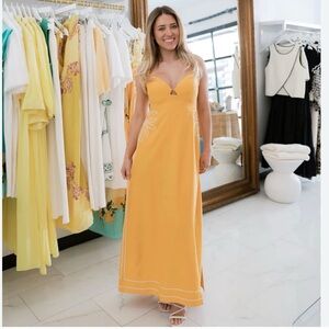 MON RENN scenic dress in mango Yellow Maxi Dress with Floral Detail NEW